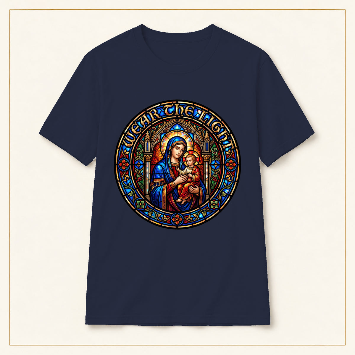 Madonna & Child T-Shirt — Stained Glass — compact lay-flat, original print scale and placement — Navy