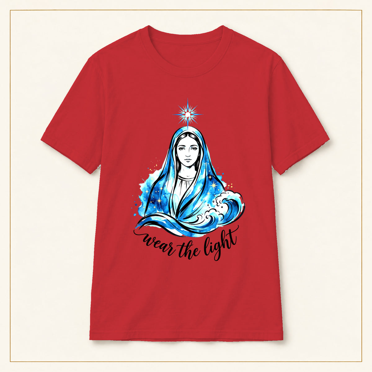 Virgin Mary Illustration T-Shirt — Wear the Light — compact lay-flat, original print scale and placement — Red