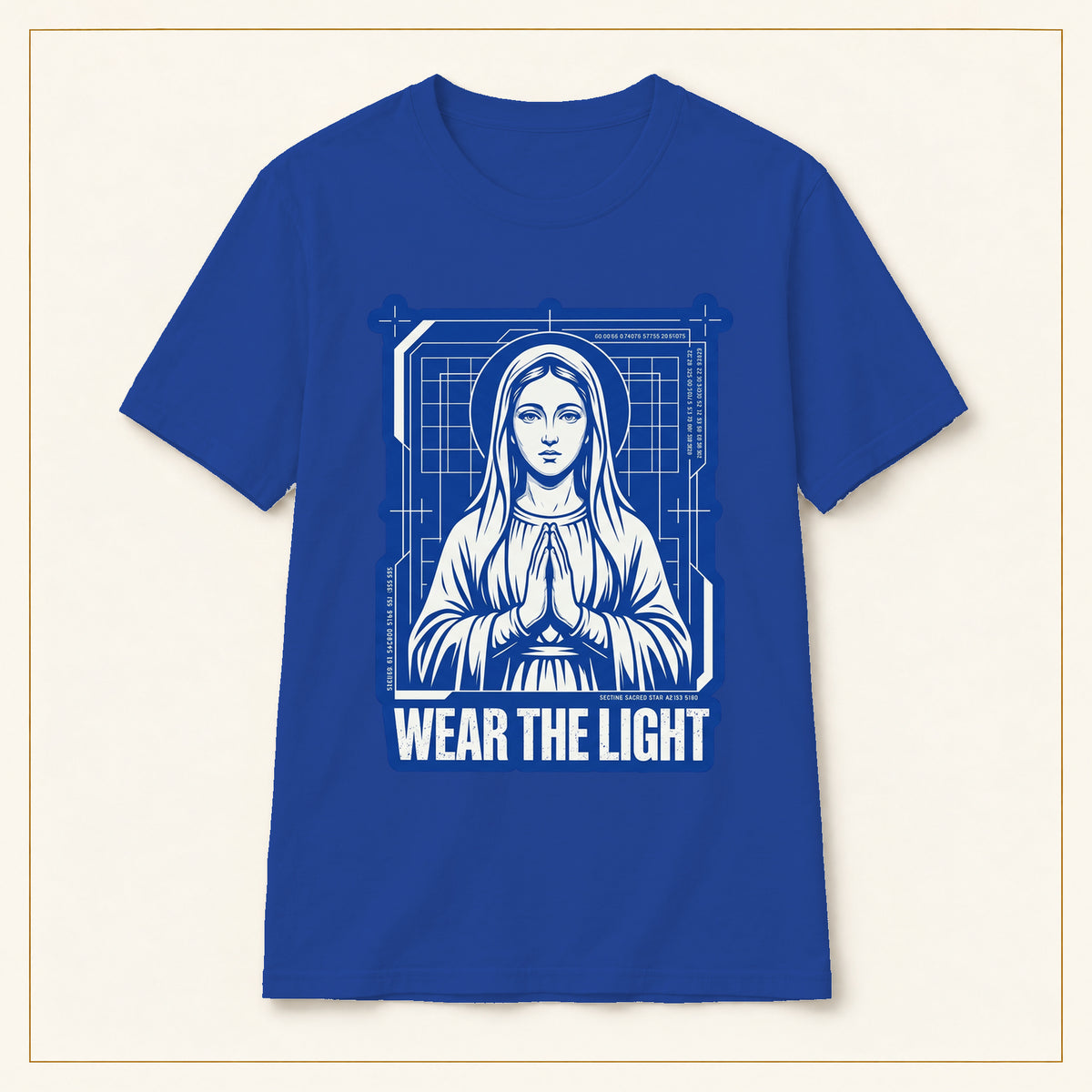Retro Sacred Madonna T-Shirt — Wear the Light — compact lay-flat, original print scale and placement — Royal