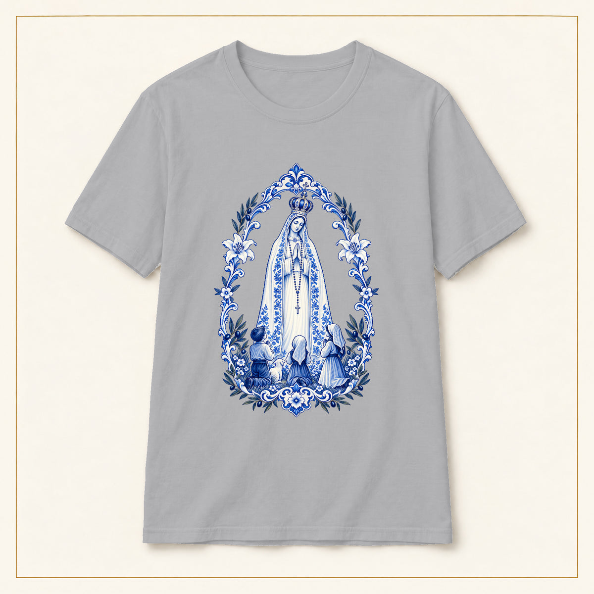 Our Lady of Fátima T-Shirt — Shepherd Children Azulejo — compact lay-flat, original print scale and placement — Sport Grey