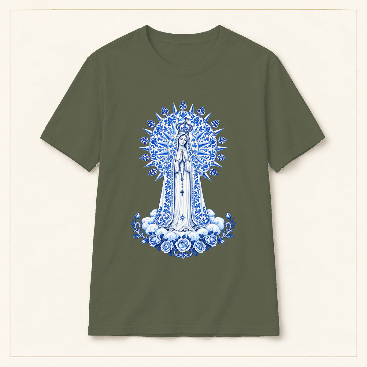 Our Lady of Fátima T-Shirt — Miracle of the Sun Azulejo — compact lay-flat, original print scale and placement — Military Green