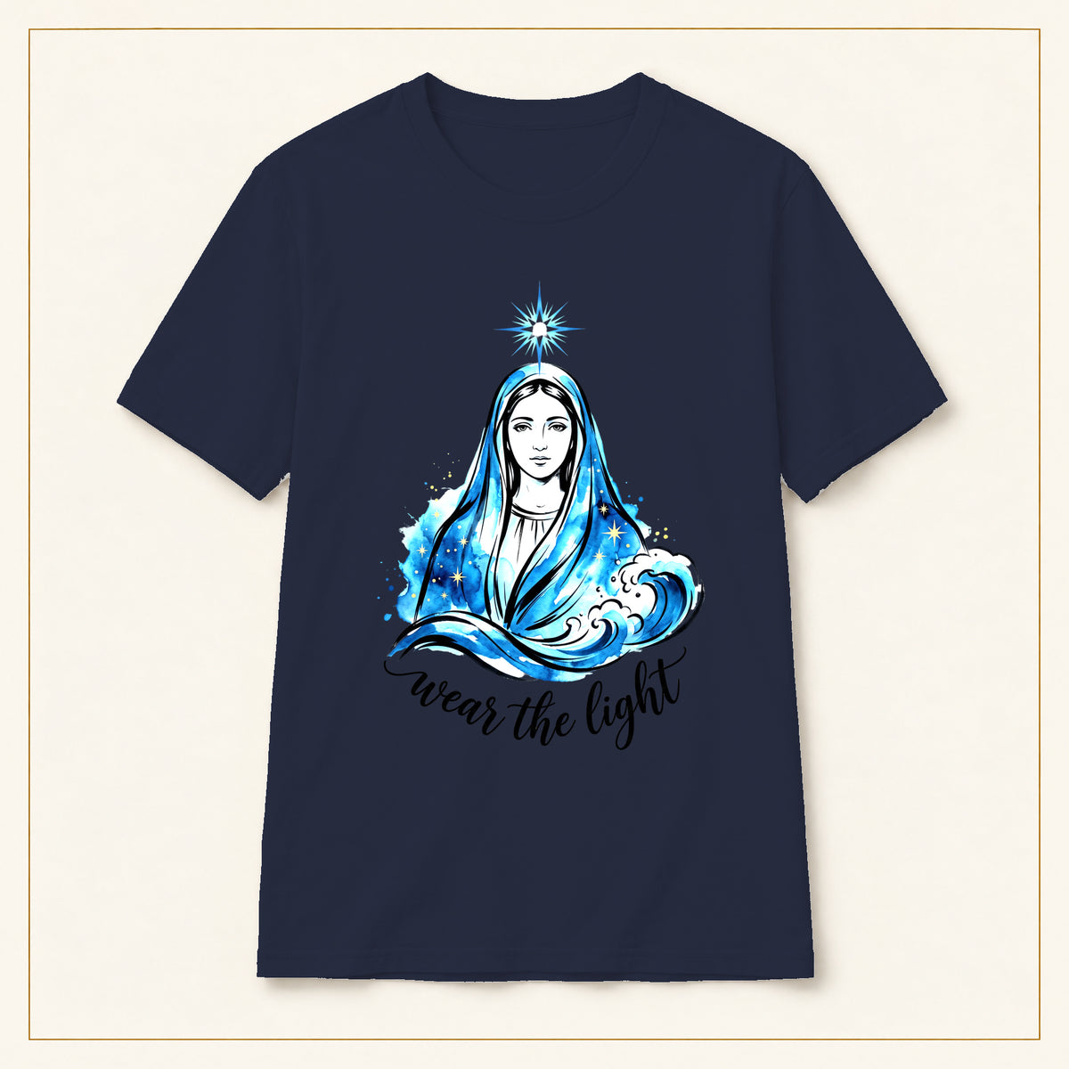 Virgin Mary Illustration T-Shirt — Wear the Light — compact lay-flat, original print scale and placement — Navy