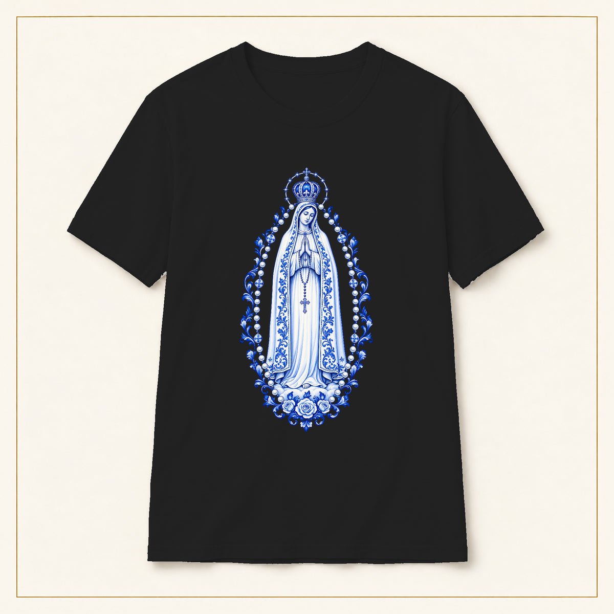 Our Lady of Fátima T-Shirt — Rosary Mandorla Azulejo — compact lay-flat, original print scale and placement — Black