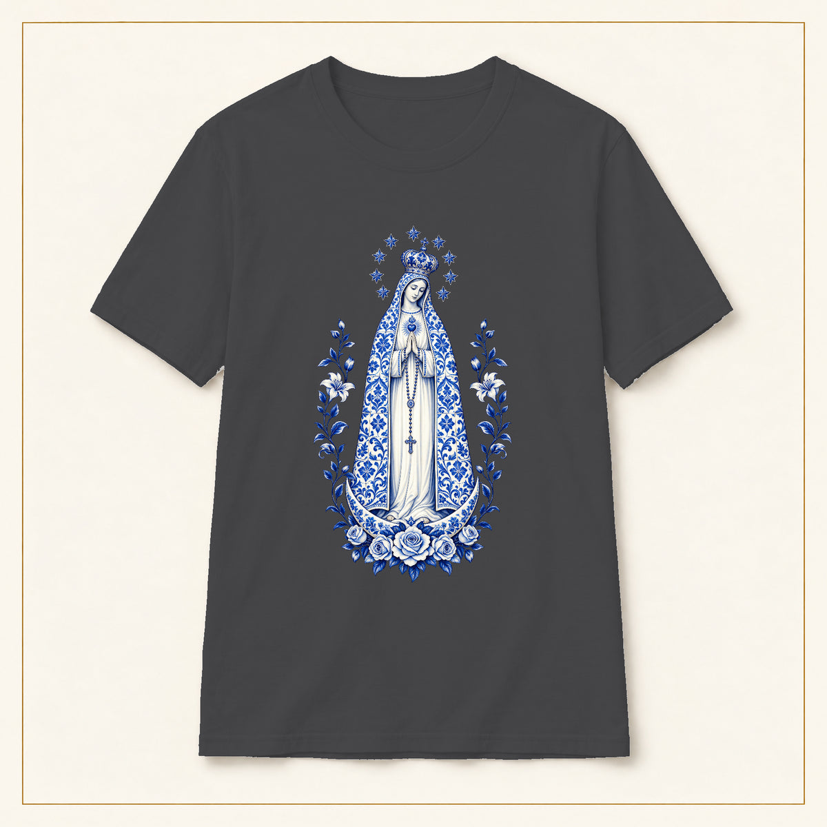 Our Lady of Fátima T-Shirt — Crowned Roses Azulejo — compact lay-flat, original print scale and placement — Dark Heather