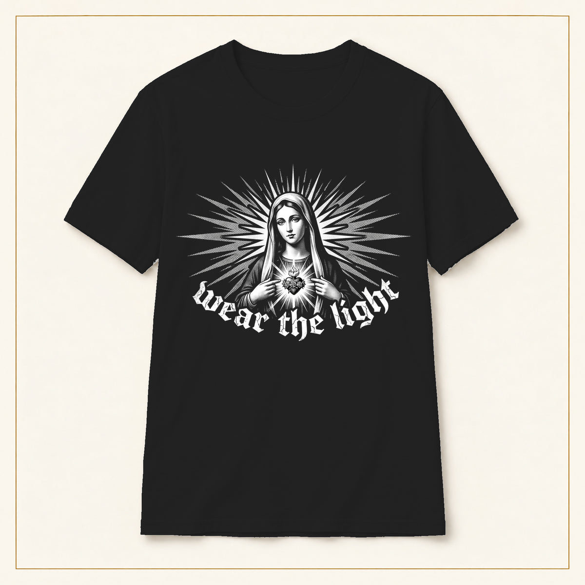 Radiant Madonna T-Shirt — Gothic Sacred Art — compact lay-flat, original print scale and placement — Black