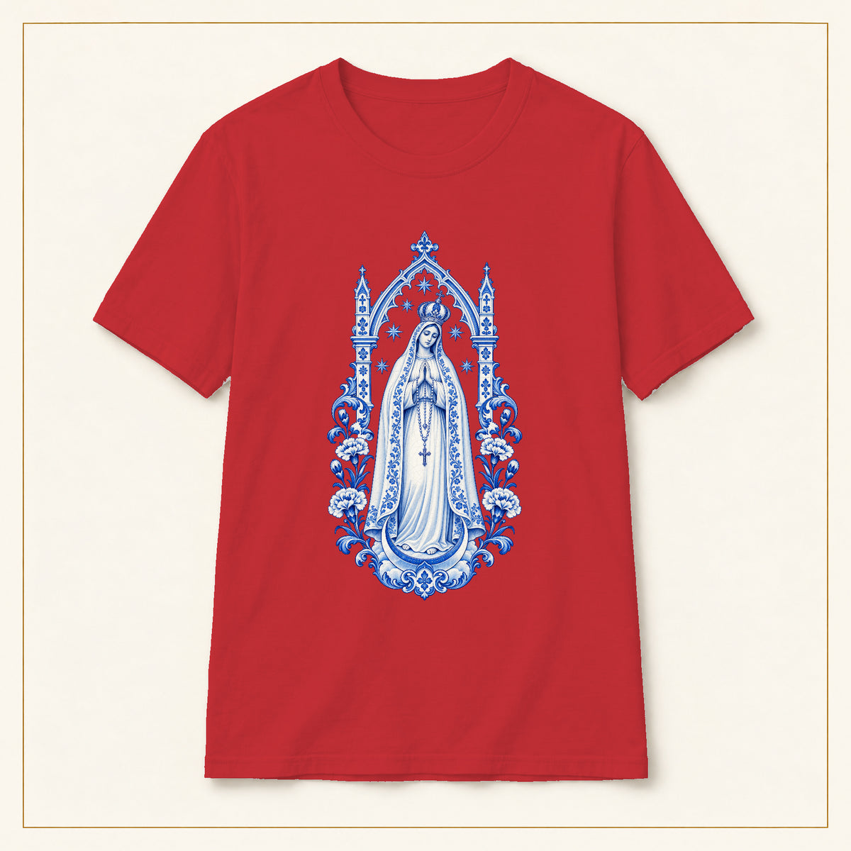 Our Lady of Fátima T-Shirt — Queen of Heaven Azulejo — compact lay-flat, original print scale and placement — Red