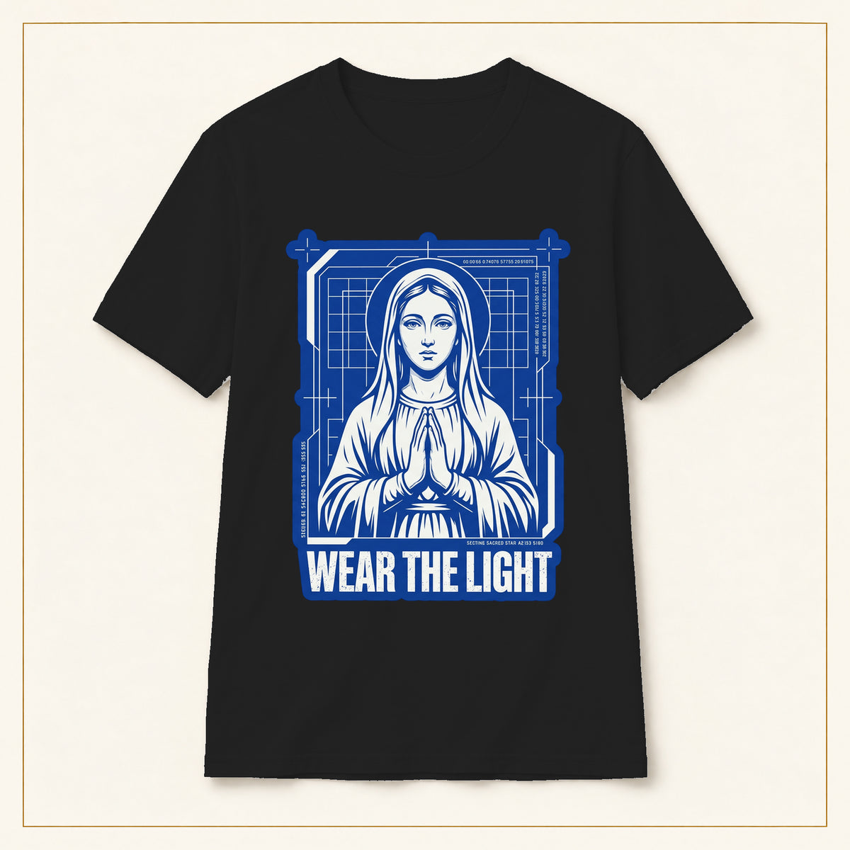 Retro Sacred Madonna T-Shirt — Wear the Light — compact lay-flat, original print scale and placement — Black