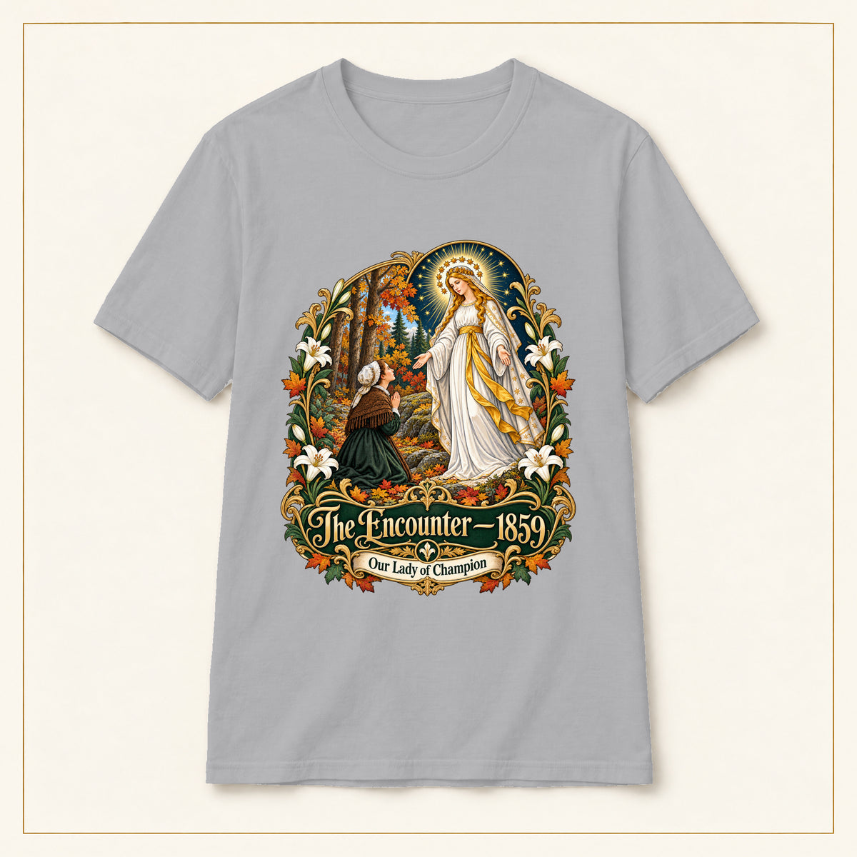 The Encounter 1859 T-Shirt — Our Lady of Champion — compact lay-flat, original print scale and placement — Sport Grey