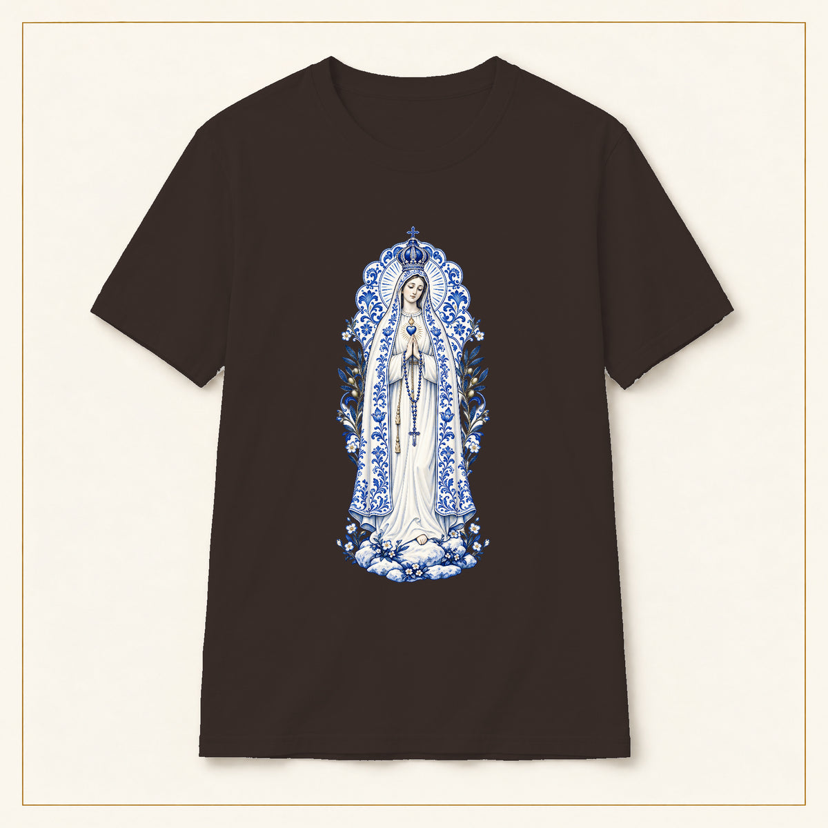 Our Lady of Fátima T-Shirt — Cova da Iria Azulejo — compact lay-flat, original print scale and placement — Dark Chocolate