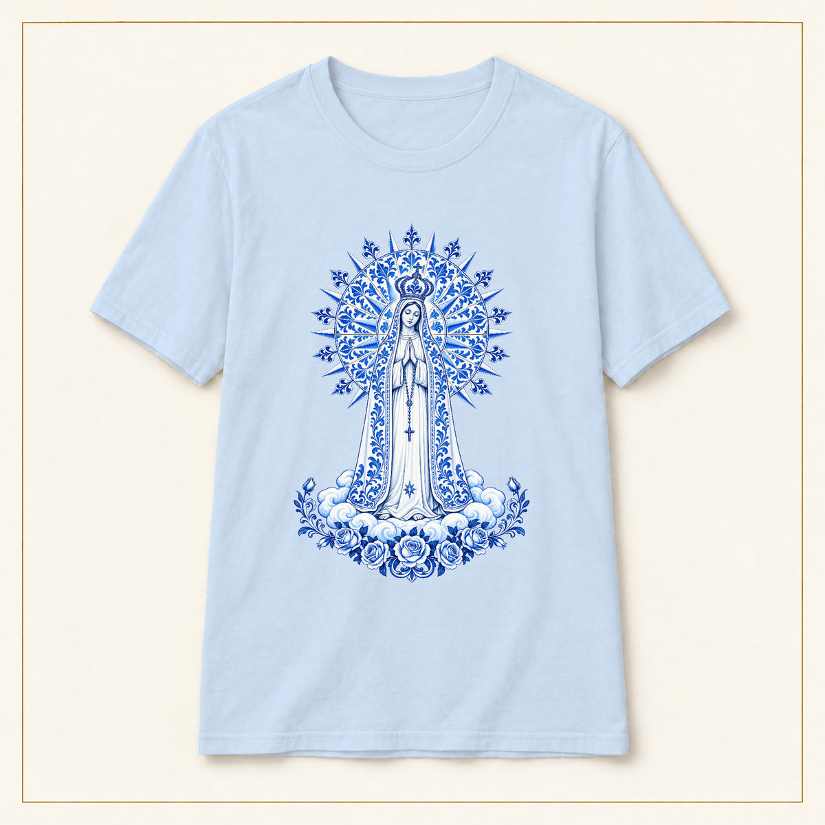 Our Lady of Fátima T-Shirt — Miracle of the Sun Azulejo — compact lay-flat, original print scale and placement — Light Blue