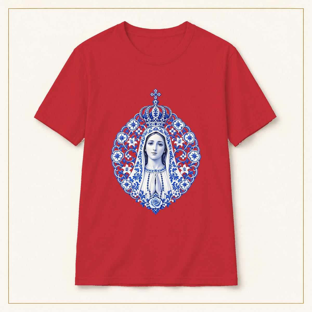 Our Lady of Fátima T-Shirt — Azulejo Mandala — compact lay-flat, original print scale and placement — Red