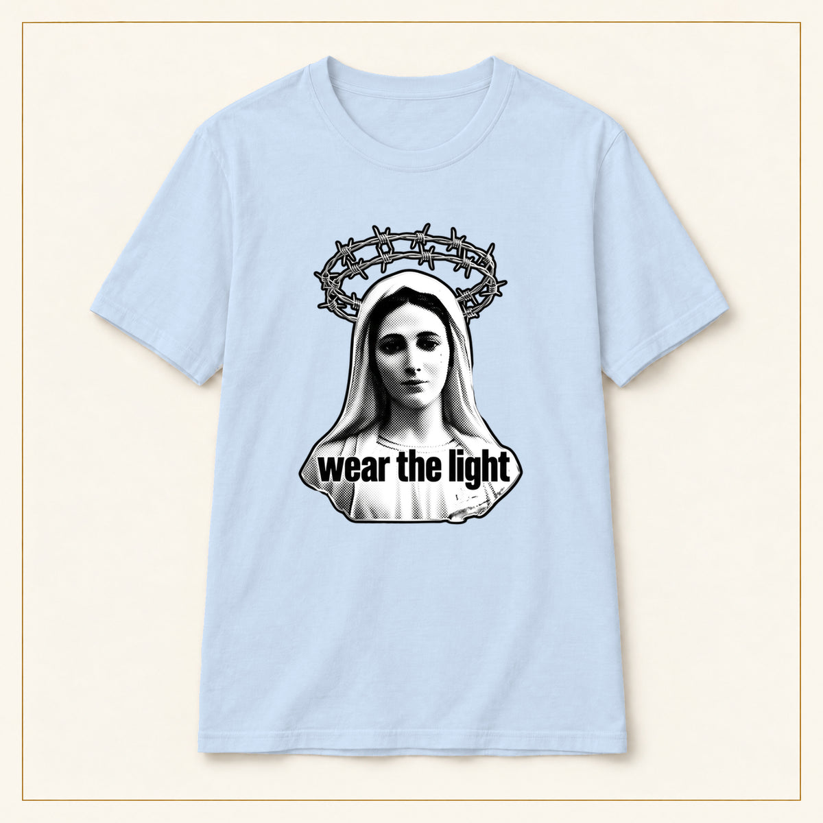 Madonna T-Shirt — Monochrome Crown of Thorns — compact lay-flat, original print scale and placement — Light Blue