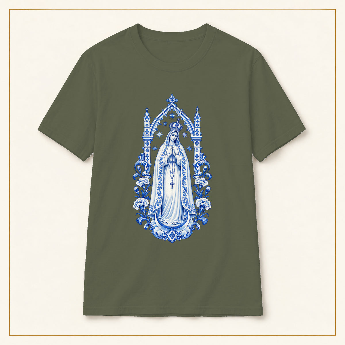Our Lady of Fátima T-Shirt — Queen of Heaven Azulejo — compact lay-flat, original print scale and placement — Military Green