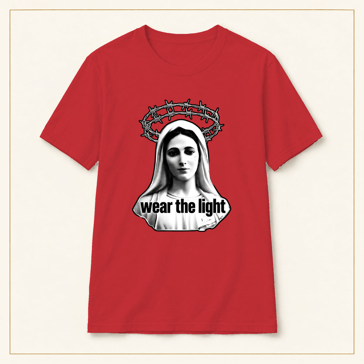 Madonna T-Shirt — Monochrome Crown of Thorns — compact lay-flat, original print scale and placement — Red