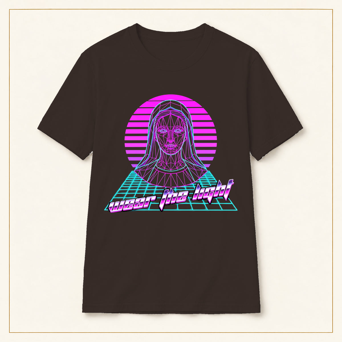 Thank You, Virgin T-Shirt — Retro Vaporwave — compact lay-flat, original print scale and placement — Dark Chocolate