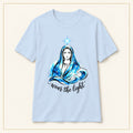 Virgin Mary Illustration T-Shirt — Wear the Light — compact lay-flat, original print scale and placement — Light Blue