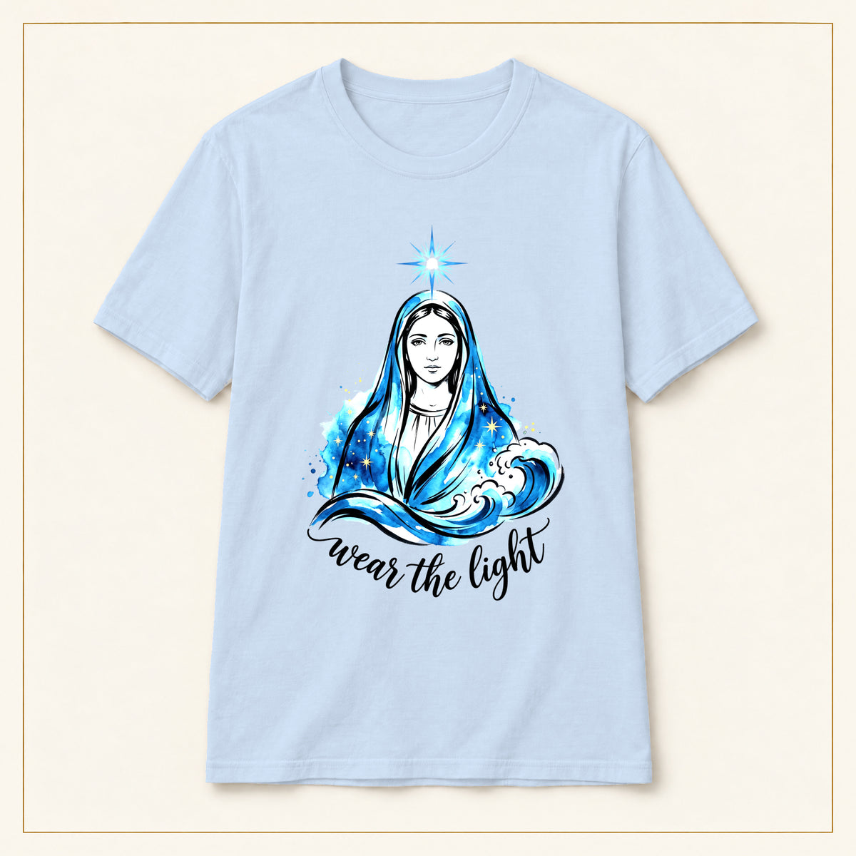 Virgin Mary Illustration T-Shirt — Wear the Light — compact lay-flat, original print scale and placement — Light Blue