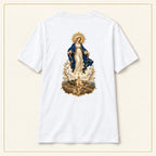 Our Lady of Ta' Pinu — Call at the Chapel White T-Shirt — compact lay-flat, original print scale and placement — White — back view