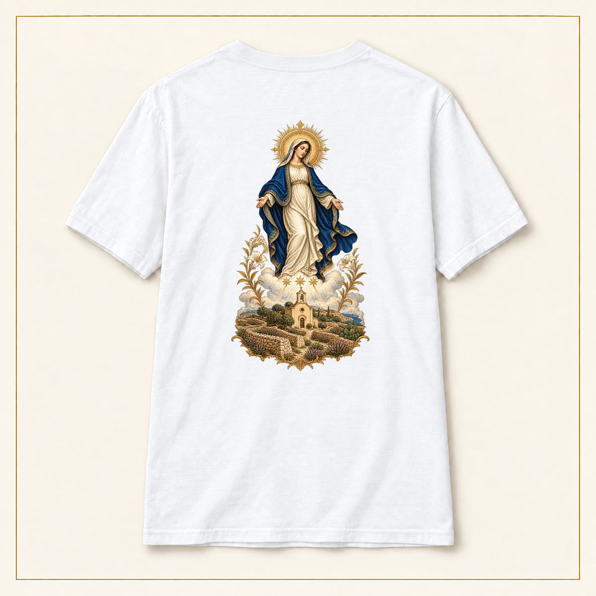 Our Lady of Ta' Pinu — Call at the Chapel White T-Shirt — compact lay-flat, original print scale and placement — White — back view