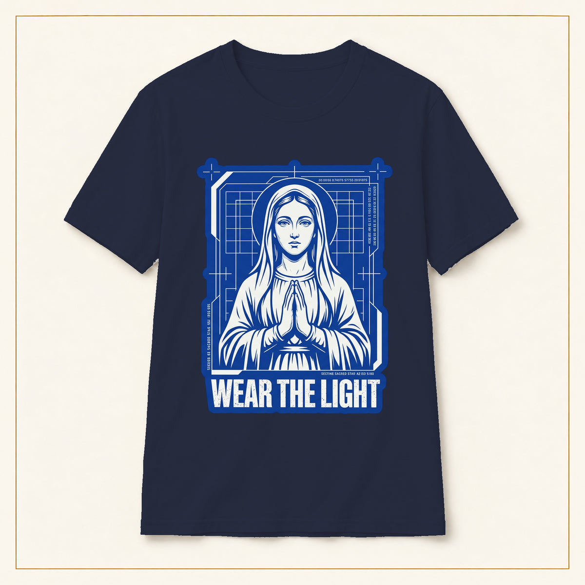 Retro Sacred Madonna T-Shirt — Wear the Light — compact lay-flat, original print scale and placement — Navy