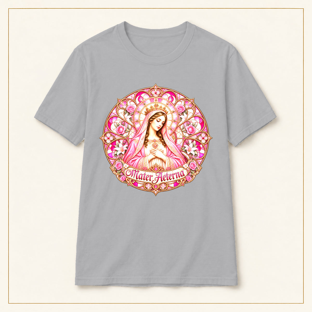 Mater Adorata T-Shirt — Rose & Gold — compact lay-flat, original print scale and placement — Sport Grey