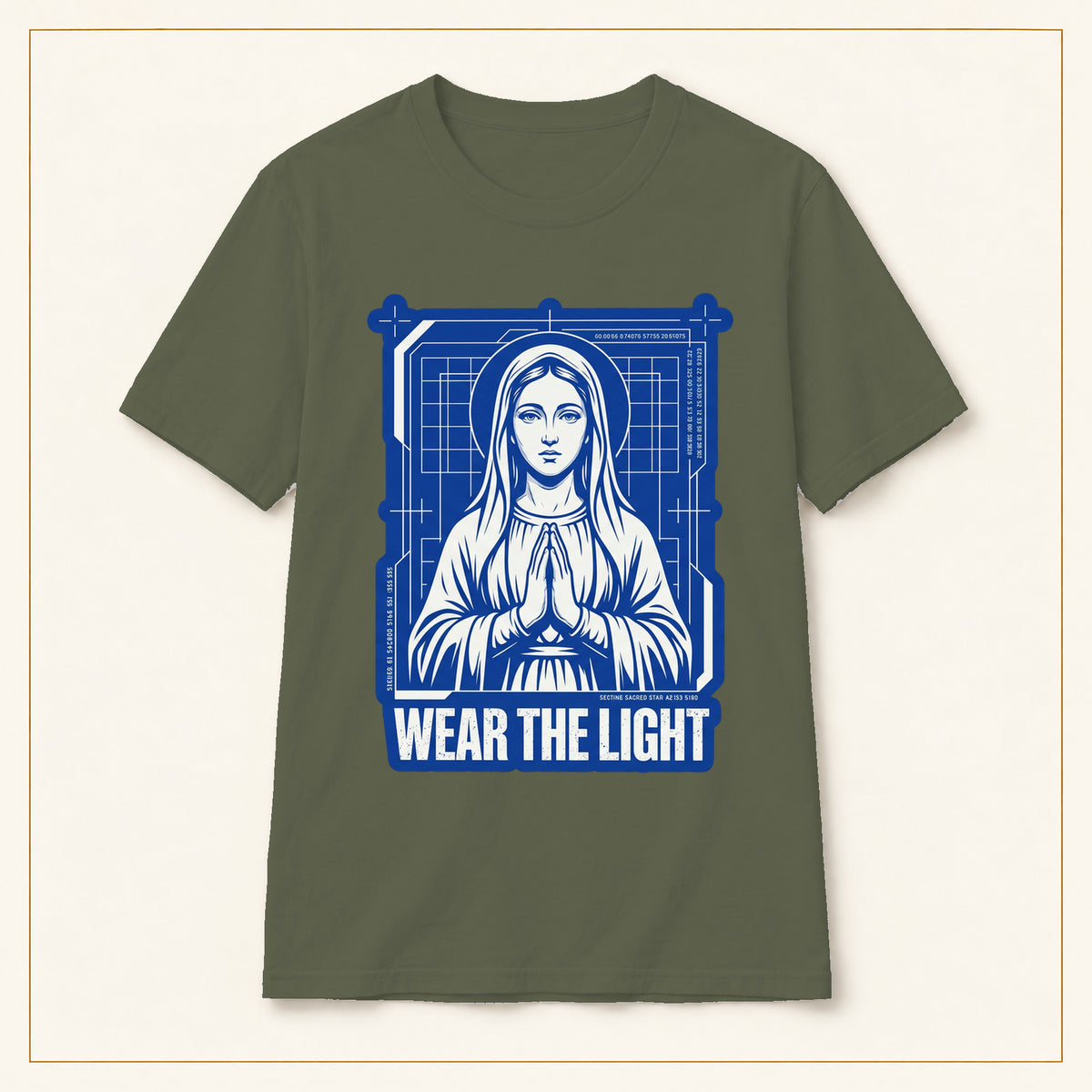 Retro Sacred Madonna T-Shirt — Wear the Light — compact lay-flat, original print scale and placement — Military Green