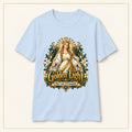 Golden Light T-Shirt — Our Lady of Champion — compact lay-flat, original print scale and placement — Light Blue