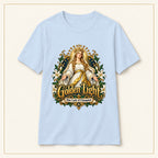 Golden Light T-Shirt — Our Lady of Champion — compact lay-flat, original print scale and placement — Light Blue