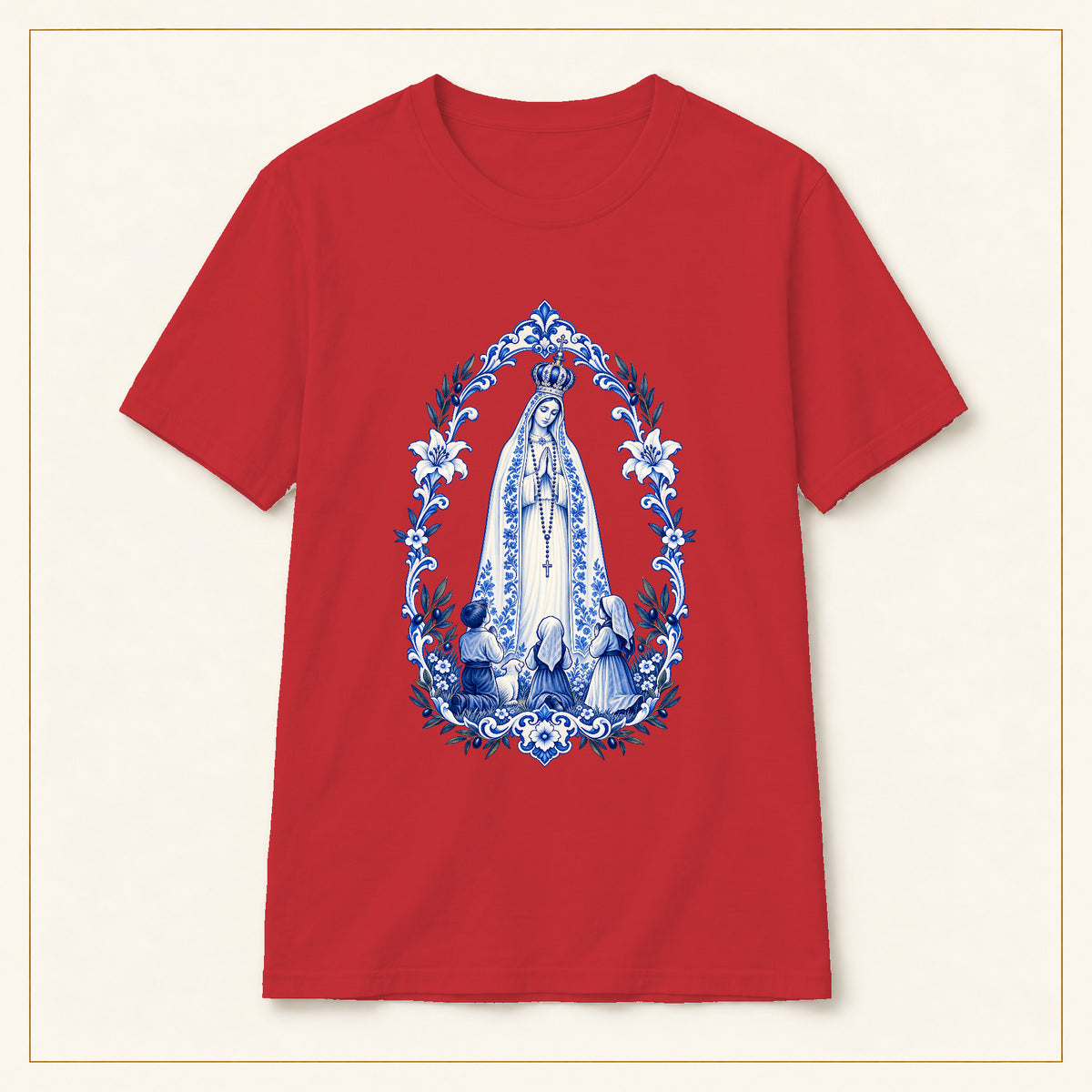 Our Lady of Fátima T-Shirt — Shepherd Children Azulejo — compact lay-flat, original print scale and placement — Red