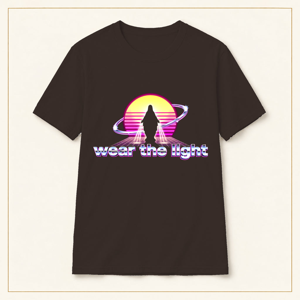 Retro Sunset Sci-Fi T-Shirt — Wear the Light — compact lay-flat, original print scale and placement — Dark Chocolate