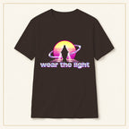 Retro Sunset Sci-Fi T-Shirt — Wear the Light — compact lay-flat, original print scale and placement — Dark Chocolate