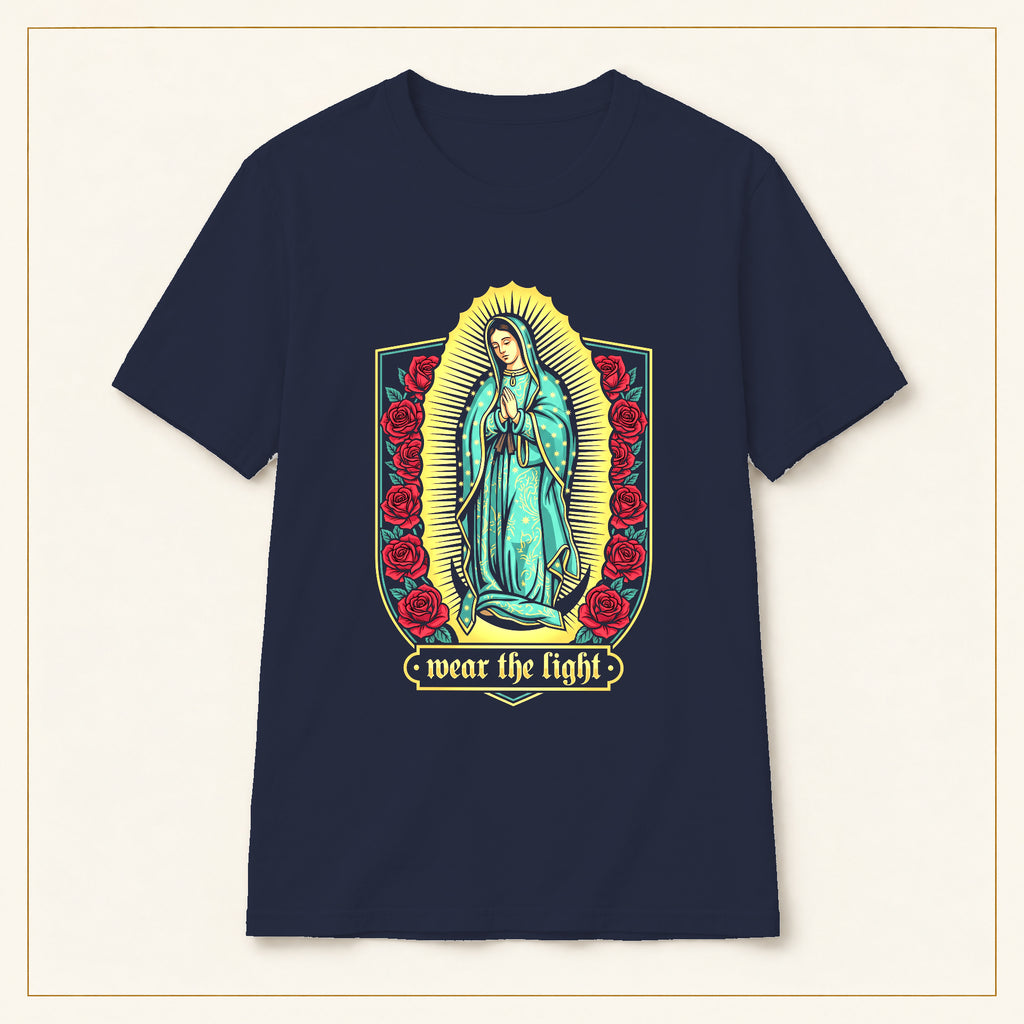 Our Lady of Guadalupe T-Shirt — Floral Devotional — compact lay-flat, original print scale and placement — Navy