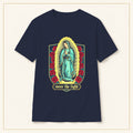 Our Lady of Guadalupe T-Shirt — Floral Devotional — compact lay-flat, original print scale and placement — Navy