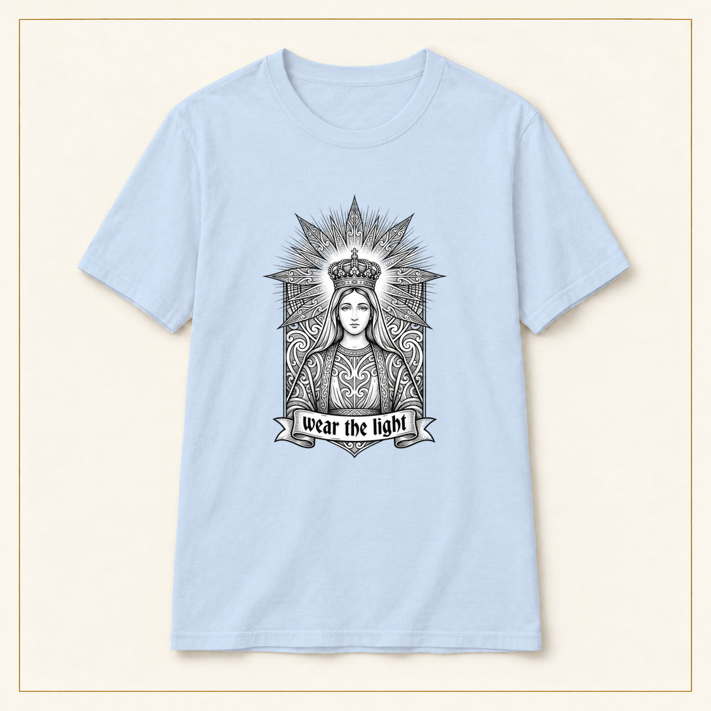 Sacred Woman T-Shirt — Monochrome Sunburst — compact lay-flat, original print scale and placement — Light Blue