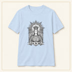 Sacred Woman T-Shirt — Monochrome Sunburst — compact lay-flat, original print scale and placement — Light Blue