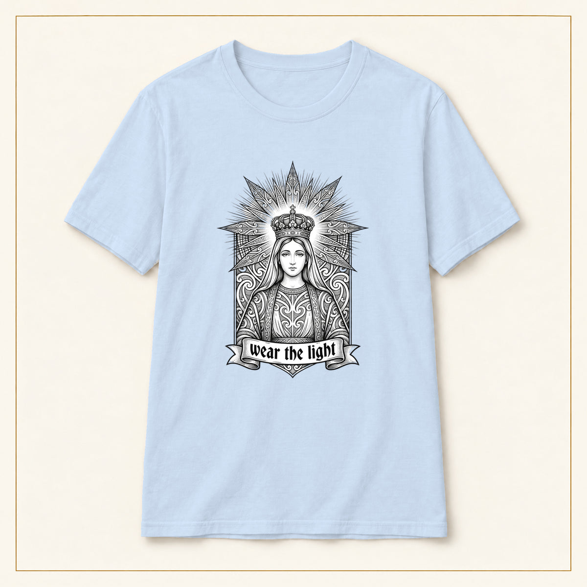 Sacred Woman T-Shirt — Monochrome Sunburst — compact lay-flat, original print scale and placement — Light Blue