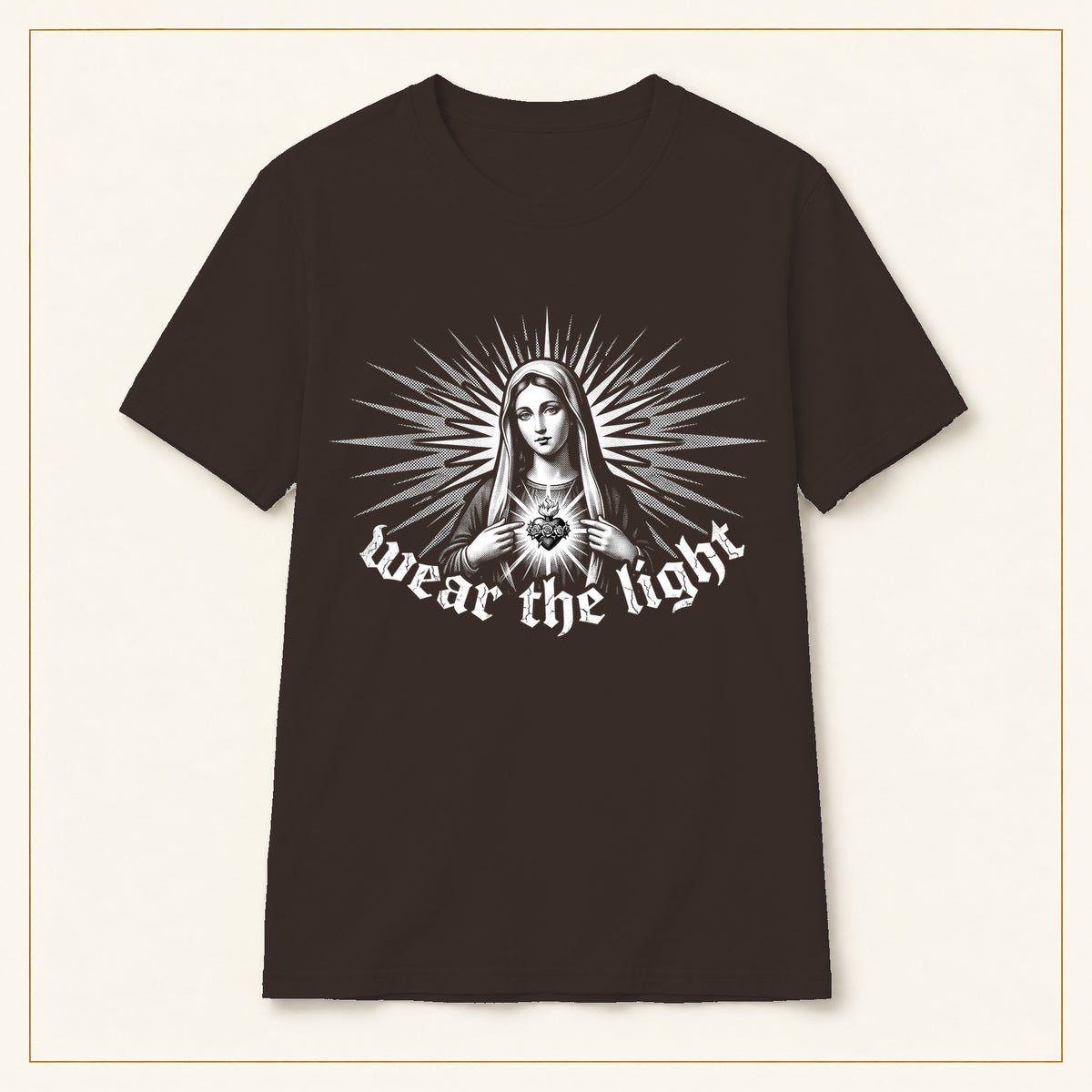 Radiant Madonna T-Shirt — Gothic Sacred Art — compact lay-flat, original print scale and placement — Dark Chocolate