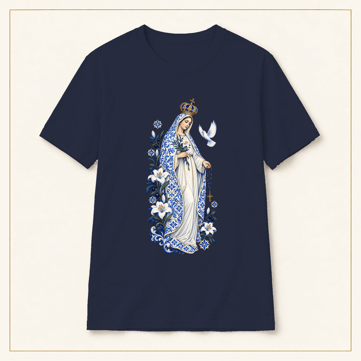 Our Lady of Fátima T-Shirt — Lily & Dove Azulejo — compact lay-flat, original print scale and placement — Navy