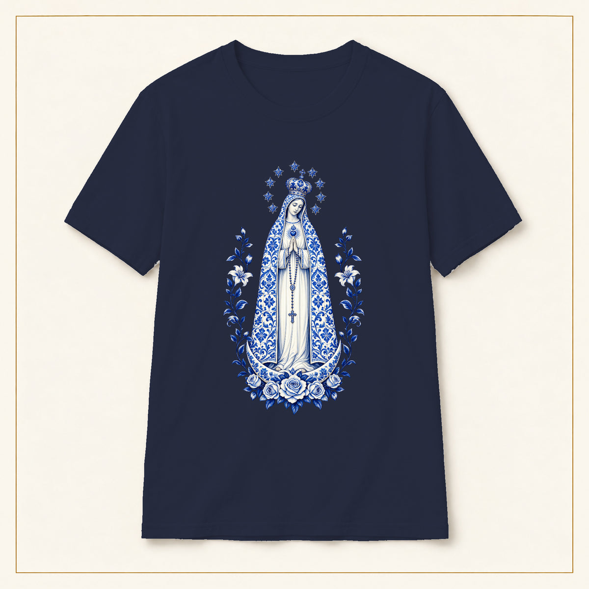 Our Lady of Fátima T-Shirt — Crowned Roses Azulejo — compact lay-flat, original print scale and placement — Navy