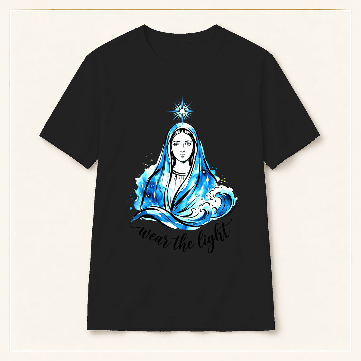 Virgin Mary Illustration T-Shirt — Wear the Light — compact lay-flat, original print scale and placement — Black