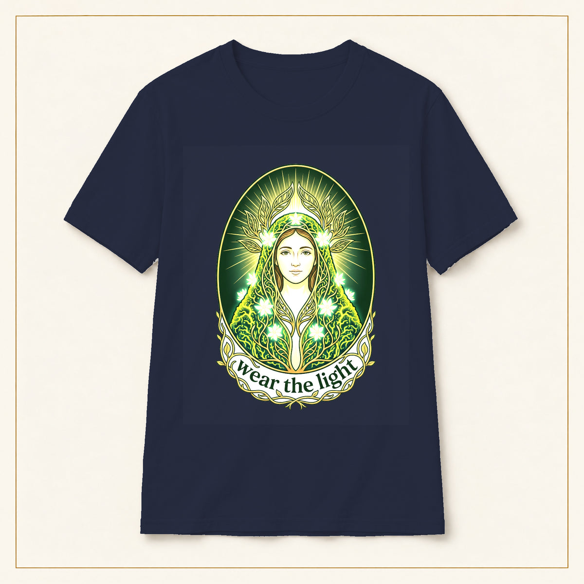 Green Goddess T-Shirt — Wear the Light — compact lay-flat, original print scale and placement — Navy