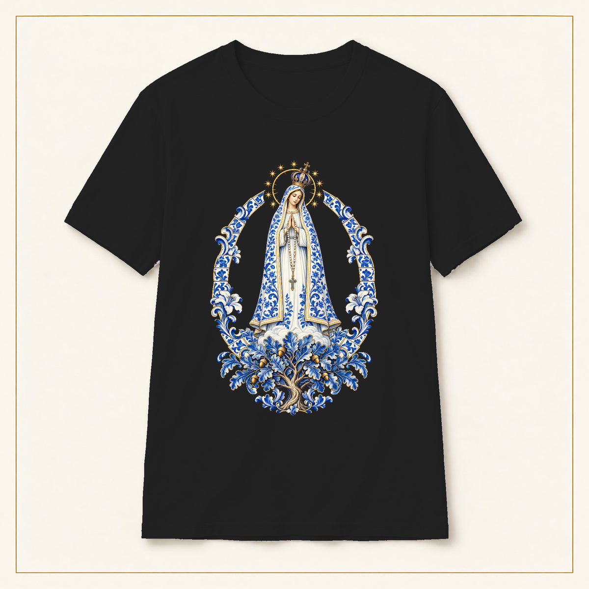 Our Lady of Fátima T-Shirt — Oak Tree Apparition Azulejo — compact lay-flat, original print scale and placement — Black