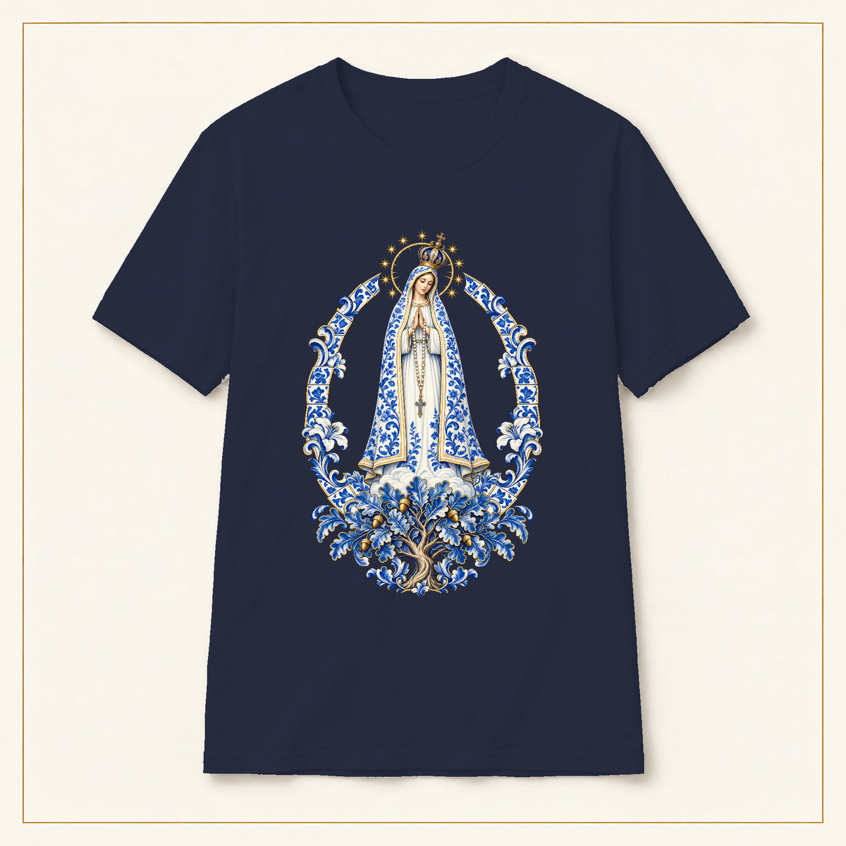 Our Lady of Fátima T-Shirt — Oak Tree Apparition Azulejo — compact lay-flat, original print scale and placement — Navy