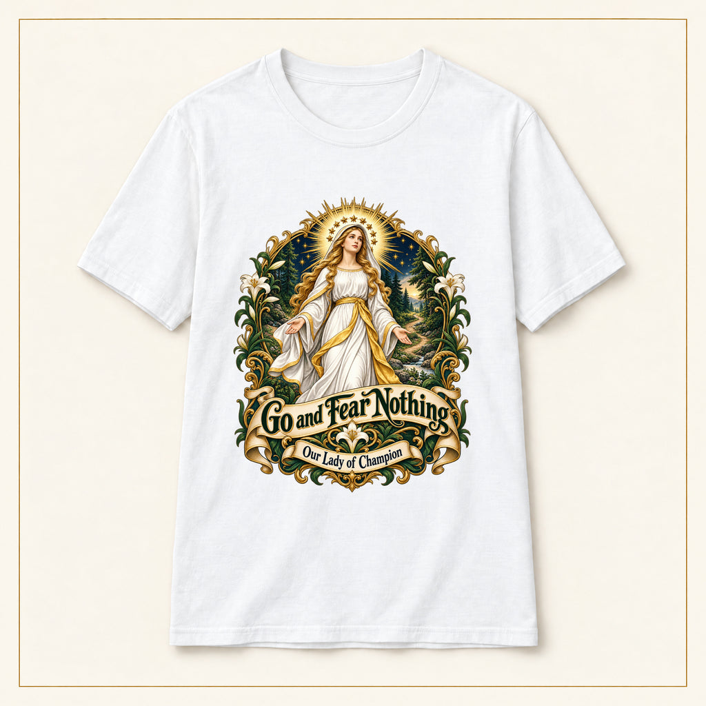 Go and Fear Nothing T-Shirt — Our Lady of Champion — compact lay-flat, original print scale and placement — White