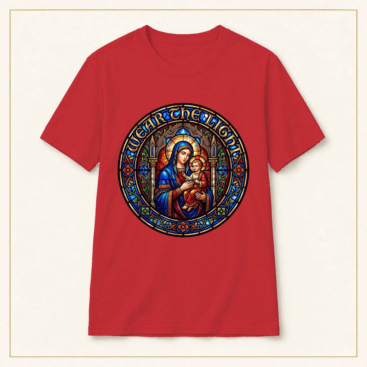 Madonna & Child T-Shirt — Stained Glass — compact lay-flat, original print scale and placement — Red