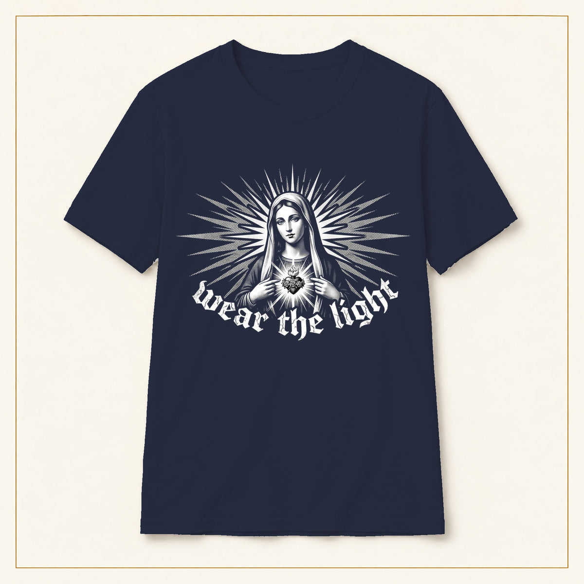 Radiant Madonna T-Shirt — Gothic Sacred Art — compact lay-flat, original print scale and placement — Navy
