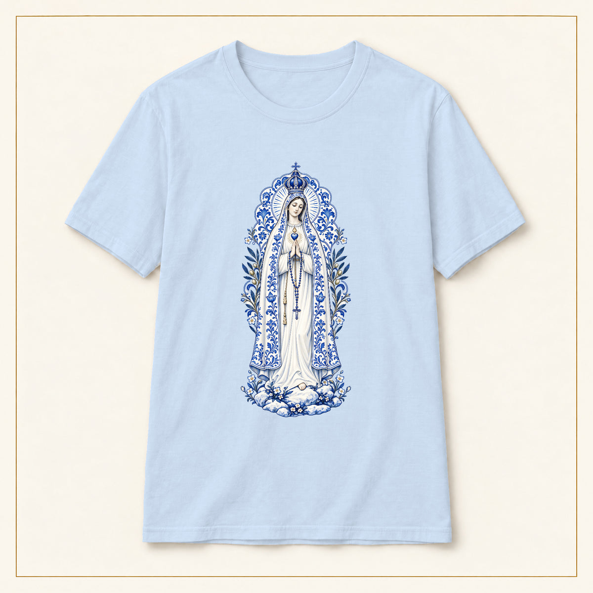 Our Lady of Fátima T-Shirt — Cova da Iria Azulejo — compact lay-flat, original print scale and placement — Light Blue