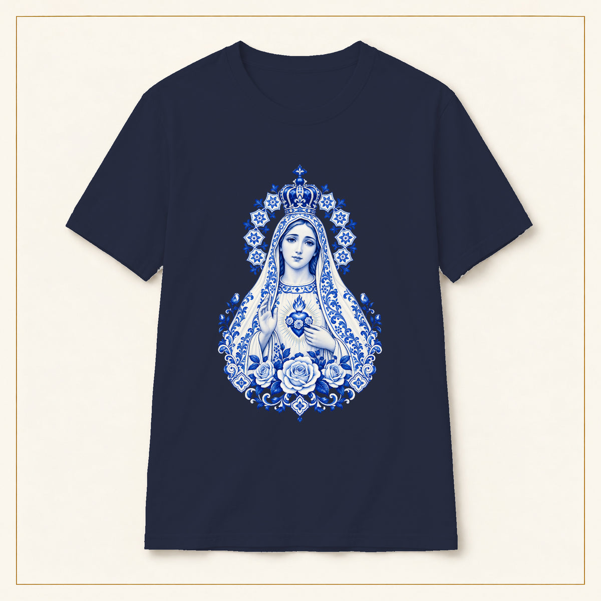Our Lady of Fátima T-Shirt — Immaculate Heart Azulejo — compact lay-flat, original print scale and placement — Navy
