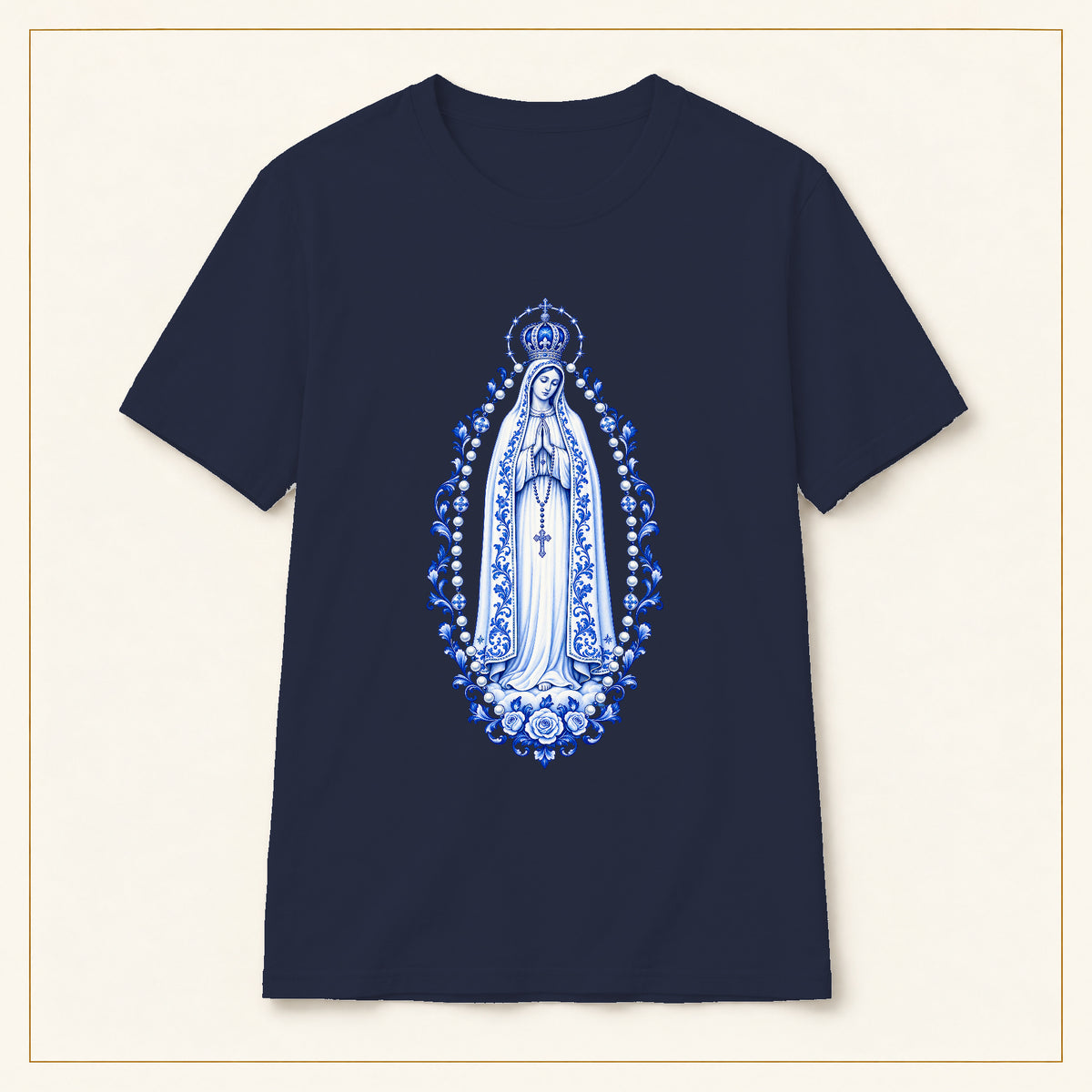 Our Lady of Fátima T-Shirt — Rosary Mandorla Azulejo — compact lay-flat, original print scale and placement — Navy
