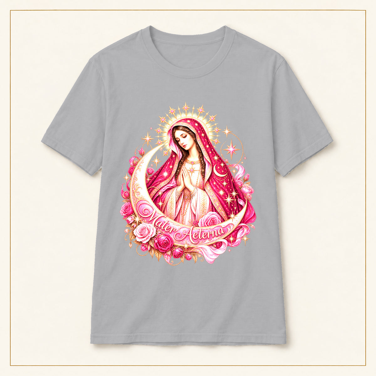 Our Lady of Guadalupe T-Shirt — Rosa & Stars — compact lay-flat, original print scale and placement — Sport Grey